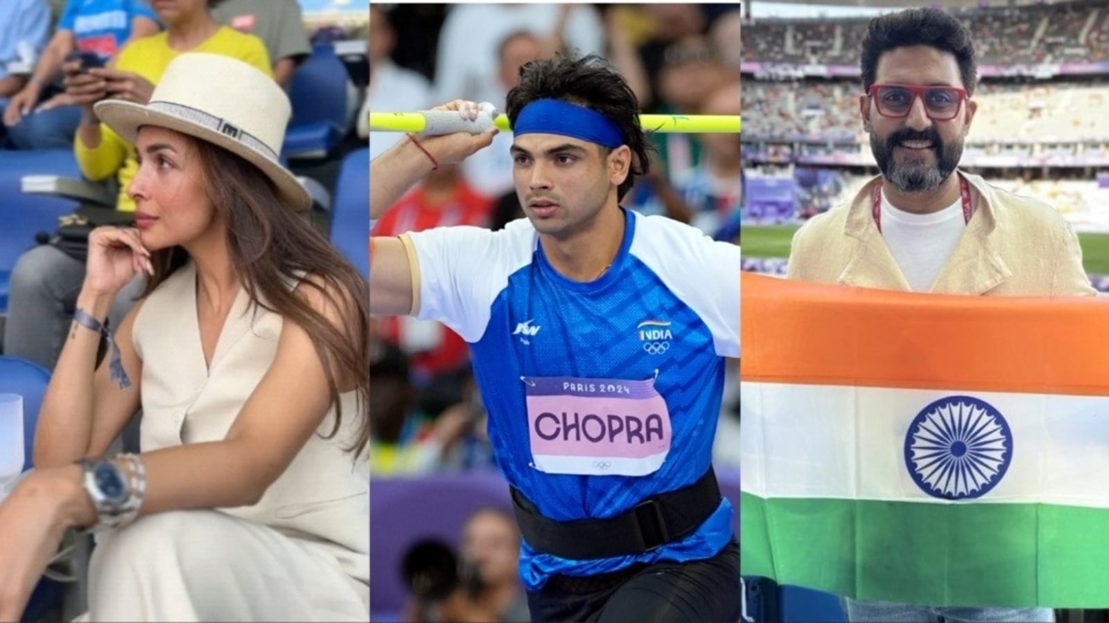 Malaika Arora, Abhishek Bachchan attend Paris Olympics, cheer for Neeraj Chopra; Vicky Kaushal congratulates him on win