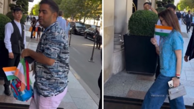 Akash Ambani and Nita Ambani enter a Paris five-star hotel. Akash Ambani and Nita Ambani enter a Paris five-star hotel.