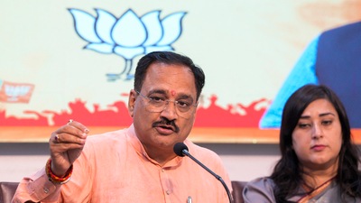 Delhi BJP president Virendra Sachdeva along with party MP Bansuri Swaraj at a press conference in New Delhi on July 10. (PTI)