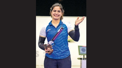 CM felicitated Olympic medal winner shooter Manu Bhaker, who called on him at his official residence.(PTI) (HT File)