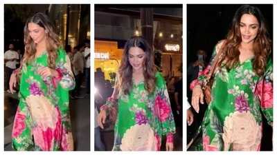 Mom-to-be Deepika Padukone looked beautiful in a green, floral printed Sabyasachi kurta with white pants, Her breezy, maternity outfit is going in the stylebook for moms. She carried a Louis Vuitton shoulder bag and accessorised with golden hoop earrings and tan juttis (Instagram/@viralbhayani) Mom-to-be Deepika Padukone looked beautiful in a green, floral printed Sabyasachi kurta with white pants, Her breezy, maternity outfit is going in the stylebook for moms. She carried a Louis Vuitton shoulder bag and accessorised with golden hoop earrings and tan juttis (Instagram/@viralbhayani)