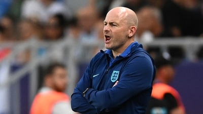 England's head coach Lee Carsley directs his players during the Euro 2023 U21 Championship semifinal soccer match between Israel and England (AP)