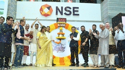 Bhavish Aggarwal with wife Rajalakshmi Aggarwal at NSE debut day. (X/@bhash) Bhavish Aggarwal with wife Rajalakshmi Aggarwal at NSE debut day. (X/@bhash)
