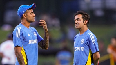 India's head coach Gautam Gambhir and captain Suryakumar Yadav before the start of the first T20I cricket match between India and Sri Lanka (PTI)