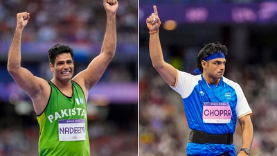 In this combo photo, (L-R) Pakistan's Arshad Nadeem and India's Neeraj Chopra celebrate after their respective second attempts during the men's javelin throw final (PTI) In this combo photo, (L-R) Pakistan's Arshad Nadeem and India's Neeraj Chopra celebrate after their respective second attempts during the men's javelin throw final (PTI)