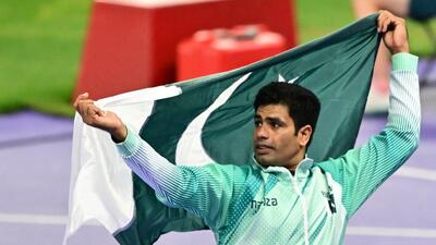Pakistan's Arshad Nadeem celebrates after winning the men's javelin throw final. (AFP) Pakistan's Arshad Nadeem celebrates after winning the men's javelin throw final. (AFP)
