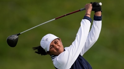 Aditi Ashok, of India, hits her shot from the 3rd tee during the first round of the women's golf event at the 2024 Summer Olympics (AP) Aditi Ashok, of India, hits her shot from the 3rd tee during the first round of the women's golf event at the 2024 Summer Olympics (AP)