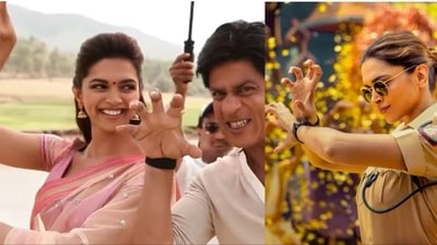 Shah Rukh Khan and Deepika Padukone on Chennai Express sets (L); actor in Singham Returns poster. Shah Rukh Khan and Deepika Padukone on Chennai Express sets (L); actor in Singham Returns poster.