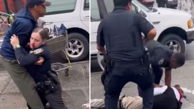 Repeat offender punches female NYPD cop on Bronx sidewalk, gets arrested in wild video (@CollinRugg/X) Repeat offender punches female NYPD cop on Bronx sidewalk, gets arrested in wild video (@CollinRugg/X)