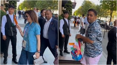 Nita Ambani and Akash Ambani clicked outside their hotel in Paris. (Instagram) Nita Ambani and Akash Ambani clicked outside their hotel in Paris. (Instagram)