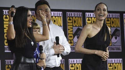 Salma Hayek, from left, Lia McHugh, Don Lee and Angelina Jolie participate in the Marvel Studios panel on day three of Comic-Con International on Saturday, July 20, 2019, in San Diego. (Chris Pizzello/Invision/AP) Salma Hayek, from left, Lia McHugh, Don Lee and Angelina Jolie participate in the Marvel Studios panel on day three of Comic-Con International on Saturday, July 20, 2019, in San Diego. (Chris Pizzello/Invision/AP)