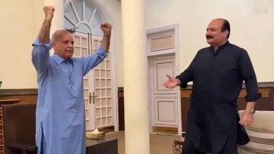 Pakistan Prime Minister Shehbaz Sharif celebrating Arshan Nadeem's gold medal in the javelin throw event at Paris Olympics. (X)