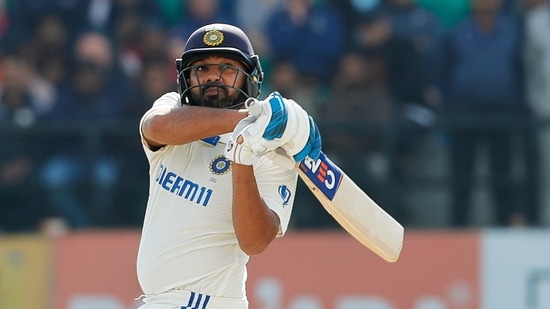 India's skipper Rohit Sharma plays a shot on Day 1 of the 5th Test match against England, at Himachal Pradesh Cricket Association Stadium (BCCI-X)