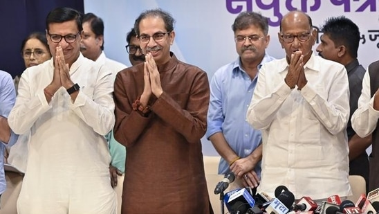 Uddhav Thackeray and Sharad Pawar during an MVA joint press conference at YB Centre. (Anshuman Poyrekar/ Hindustan Times) Uddhav Thackeray and Sharad Pawar during an MVA joint press conference at YB Centre. (Anshuman Poyrekar/ Hindustan Times)