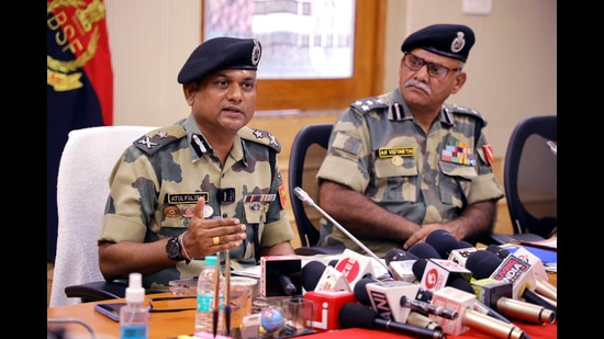 BSF’s Punjab Frontier IG Atul Fulzele addresses mediapersons in Jalandhar on Friday. ( (ANI)