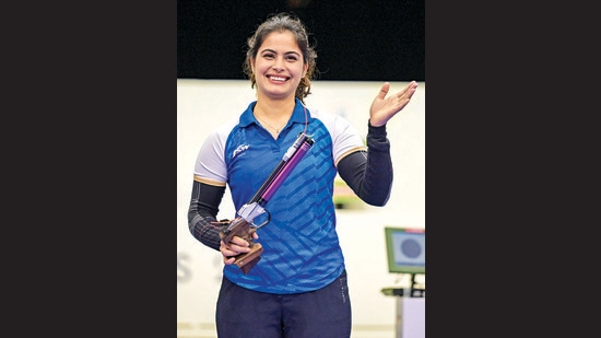 CM felicitated Olympic medal winner shooter Manu Bhaker, who called on him at his official residence.(PTI) (HT File)