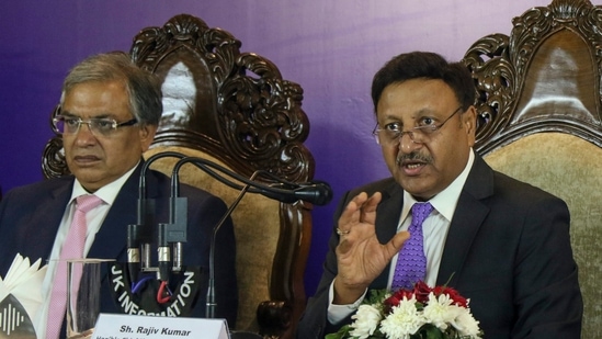 Chief Election Commissioner Rajiv Kumar addresses a press conference, in Jammu, on Friday. (PTI)