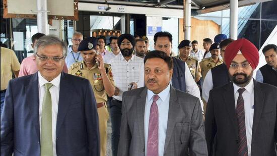 ECI delegation led by chief election commissioner Rajiv Kumar arrives at Srinagar to review poll preparedness in the UT. (PTI)