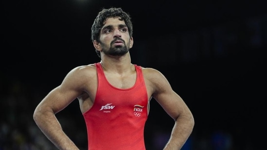 India's Aman Sehrawat during his men's freestyle 57kg wrestling quarterfinal win over Albania's Zelimkhan Abakarov at the Paris Olympics on Thursday(HT_PRINT)