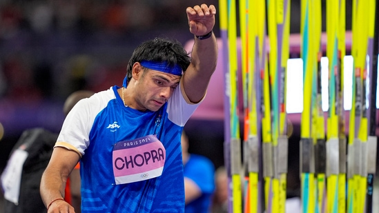 India's Neeraj Chopra during the men's javelin throw final at the 2024 Summer Olympics, in Paris, France, Thursday. (PTI)