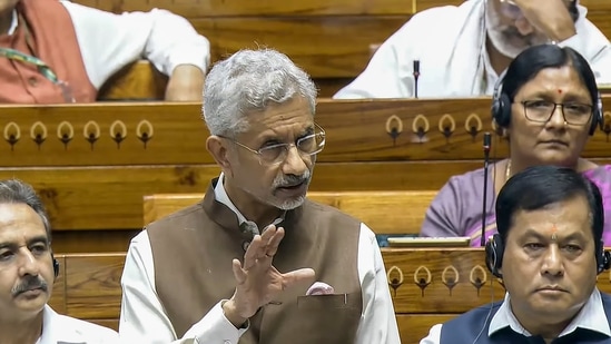 External Affairs Minister S Jaishankar speaks in the Lok Sabha during Monsoon session of Parliament on Friday. (PTI Photo) 