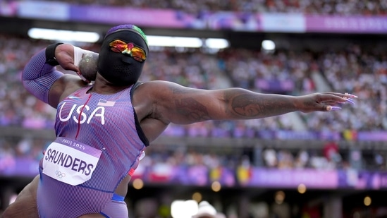 Raven Saunders, of the United States, competes during the women's shot put qualification at the 2024 Summer Olympics, Thursday, Aug. 8, 2024, in Saint-Denis, France. (AP Photo/Bernat Armangue)(AP)