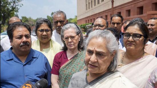 Samajwadi Party lawmaker Jaya Bachchan speaking to the media outside Parliament. (PTI)