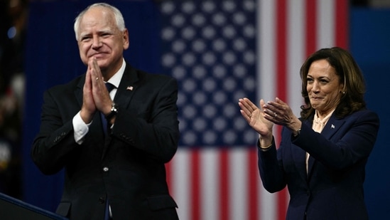 Tim Walz and Kamala Harris addressed the crowd at Temple University's Liacouras Center in Philadelphia, Pennsylvania, August 6, 2024, on the first day of their "Battleground State Tour". (AFP)