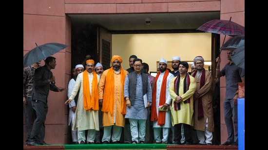 Union minister Kiren Rijiju meets a delegation of Muslim clerics regarding the Waqf Amendment Act during Monsoon session of Parliament, in New Delhi. (PTI)