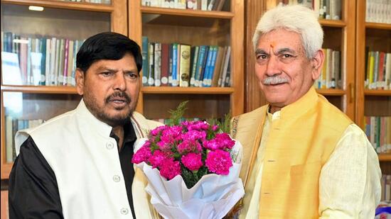 Union minister of state for social justice and empowerment Ramdas Athawale meets Jammu and Kashmir L-G Manoj Sinha, at Raj Bhawan in Srinagar (PTI)