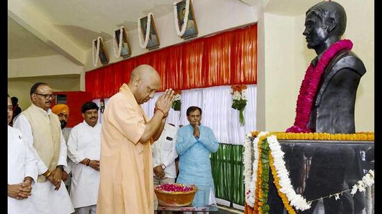 Uttar Pradesh chief minister Yogi Adityanath during the inauguration of the ‘Kakori Train Action Centenary Festival’, in Lucknow. (PTI Photo)