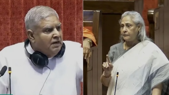 Actor-turned-politician Jaya Bachchan and Rajya Sabha Chairman Jagdeep Dhankhar.