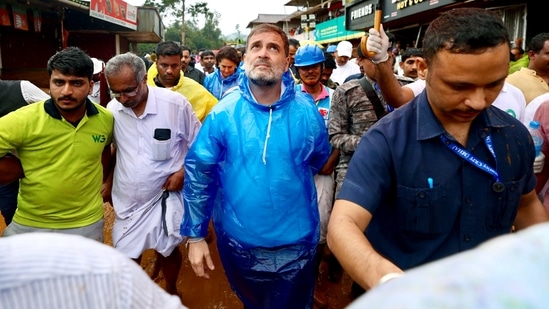 Leader of Opposition in Lok Sabha and former Wayanad MP Rahul Gandhi at the landslide site in Chooralmala, Wayanad on August 1.(AICC)