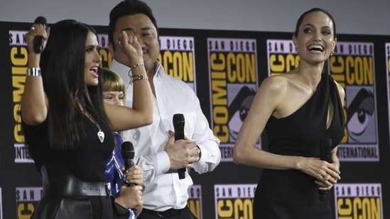 Salma Hayek, from left, Lia McHugh, Don Lee and Angelina Jolie participate in the Marvel Studios panel on day three of Comic-Con International on Saturday, July 20, 2019, in San Diego. (Chris Pizzello/Invision/AP)