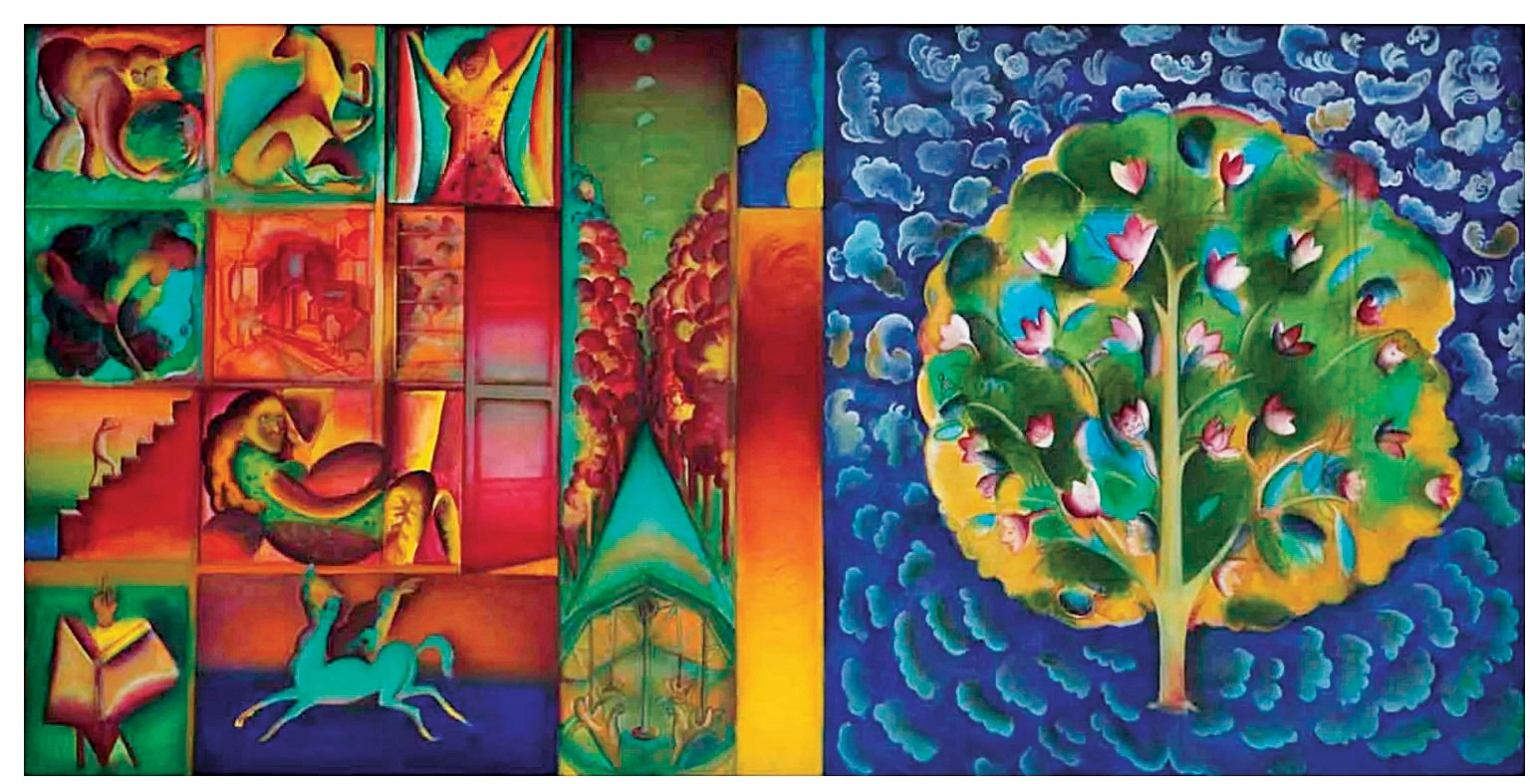 Between Memory and Music (1989-1991) reflects Sheikh’s deep engagement with themes of memory, identity and culture. (Photo courtesy Christie’s) Between Memory and Music (1989-1991) reflects Sheikh’s deep engagement with themes of memory, identity and culture. (Photo courtesy Christie’s)