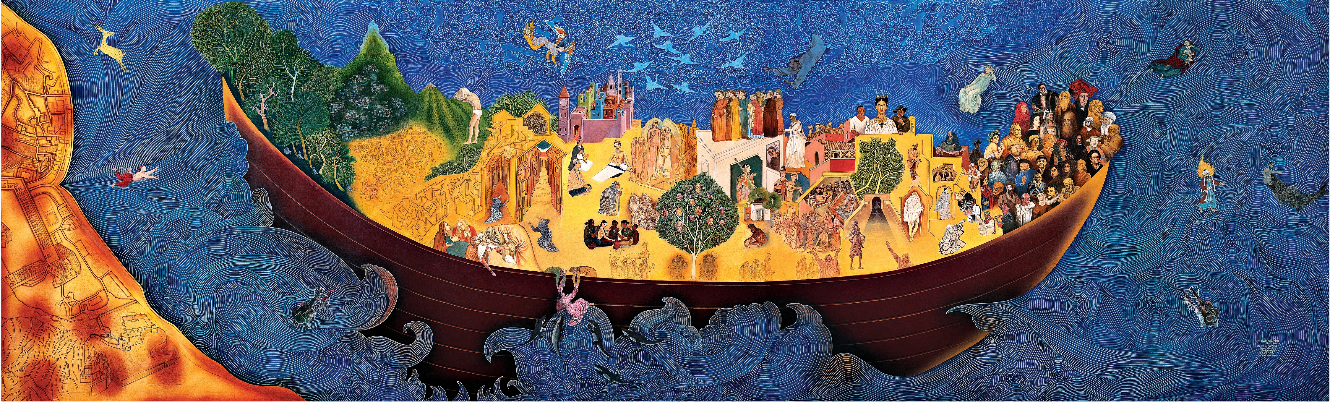 Kaarawaan (2019-23). In this recent work, a huge boat, afloat on turbulent waters, is filled with hundreds of people, animals, trees and hills culled from his own paintings or paintings from the past, all travelling together. ‘It is a metaphor for life; not just this life, but many lives, many ages,’ says Sheikh’s friend and fellow artist, Sudhir Patwardhan. (Photo courtesy Vadehra Art Gallery) Kaarawaan (2019-23). In this recent work, a huge boat, afloat on turbulent waters, is filled with hundreds of people, animals, trees and hills culled from his own paintings or paintings from the past, all travelling together. ‘It is a metaphor for life; not just this life, but many lives, many ages,’ says Sheikh’s friend and fellow artist, Sudhir Patwardhan. (Photo courtesy Vadehra Art Gallery)