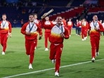 Spain's gold medallists celebrate after the men's final football match between France and Spain during the Paris 2024 Olympic Games at the Parc des Princes in Paris on August 9, 2024. 