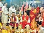 Mumbai, India – July 09, 2024: Maharashtra DCM Ajit Pawar, along with NCP (Ajit Pawar) faction leader Praful Patel, offering prayer at Siddhivinayak Temple, in Mumbai, India, on Tuesday, July 09, 2024. (Photo by Bhushan Koyande/HT Photo)(HT_PRINT) Mumbai, India – July 09, 2024: Maharashtra DCM Ajit Pawar, along with NCP (Ajit Pawar) faction leader Praful Patel, offering prayer at Siddhivinayak Temple, in Mumbai, India, on Tuesday, July 09, 2024. (Photo by Bhushan Koyande/HT Photo)(HT_PRINT)