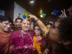 AAP leader Manish Sisodia visited  a Hanuman temple in Connaught Place following his bail granted by the Supreme Court in corruption and money laundering cases linked to the Delhi excise policy case, (PTI Photo)