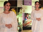 Kareena Kapoor wears an ivory suit set by Abu Jani Sandeep Khosla. (HT photo/Varinder Chawla) Kareena Kapoor wears an ivory suit set by Abu Jani Sandeep Khosla. (HT photo/Varinder Chawla)