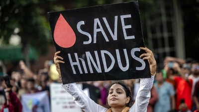 Hundreds of Bangladeshi Hindus have been demonstrating on the streets of Dhaka, in protest against the violence against the Hindu minority community after the ouster of former Prime Minister Sheikh Hasina. (AFP) Hundreds of Bangladeshi Hindus have been demonstrating on the streets of Dhaka, in protest against the violence against the Hindu minority community after the ouster of former Prime Minister Sheikh Hasina. (AFP)