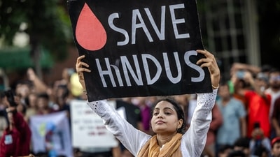 Hundreds of Bangladeshi Hindus have been demonstrating on the streets of Dhaka, in protest against the violence against the Hindu minority community after the ouster of former Prime Minister Sheikh Hasina. (AFP) Hundreds of Bangladeshi Hindus have been demonstrating on the streets of Dhaka, in protest against the violence against the Hindu minority community after the ouster of former Prime Minister Sheikh Hasina. (AFP)