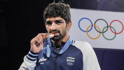 Bronze medallist Aman Sehrawat. (PTI) Bronze medallist Aman Sehrawat. (PTI)