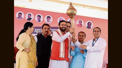 Haryana chief minister Nayab Singh Saini at a public meeting in Pataudi on Saturday. (HT PHOTO) Haryana chief minister Nayab Singh Saini at a public meeting in Pataudi on Saturday. (HT PHOTO)