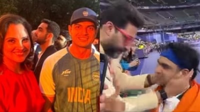 Lara Dutta and Abhishek Bachchan met Neeraj Chopra in Paris. Lara Dutta and Abhishek Bachchan met Neeraj Chopra in Paris.