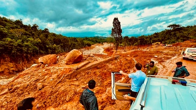 Leader of Opposition in the Lok Sabha Rahul Gandhi visited a landslide-hit area in Wayanad district on Augusts 2. (PTI) Leader of Opposition in the Lok Sabha Rahul Gandhi visited a landslide-hit area in Wayanad district on Augusts 2. (PTI)