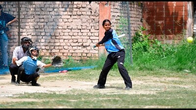 Player in action during the State softball Championship at PAU in Ludhiana on Saturday, August 10, 2024. (Manish/Hindustan Times)