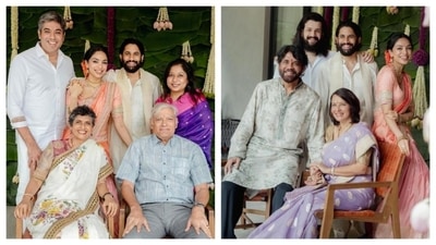 Sobhita Dhulipala and Naga Chaitanya pose with their families. Sobhita Dhulipala and Naga Chaitanya pose with their families.