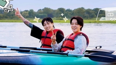 BTS members Jungkook and Jimin pose for new travel variety show poster. BTS members Jungkook and Jimin pose for new travel variety show poster.