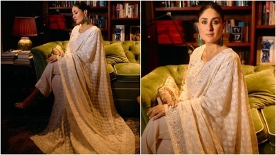 Kareena Kapoor recently attended a charity event and chose an ivory salwar kameez for the occasion. Designed by Abu Jani Sandeep Khosla, Kareena's ethnic ensemble features a short kurta, palazzo pants, and a dupatta. She styled the look with emerald earrings, high heels, and striking makeup. (Instagram) Kareena Kapoor recently attended a charity event and chose an ivory salwar kameez for the occasion. Designed by Abu Jani Sandeep Khosla, Kareena's ethnic ensemble features a short kurta, palazzo pants, and a dupatta. She styled the look with emerald earrings, high heels, and striking makeup. (Instagram)